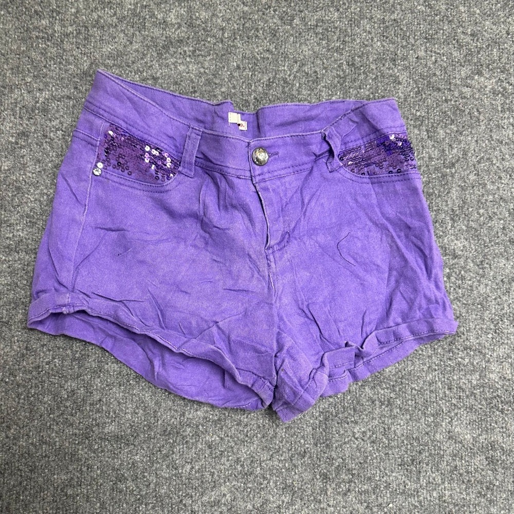 Bongo Denim Shorts Womens Size 7 Purple Sequin Low Rise Cuffed Stretch Casual